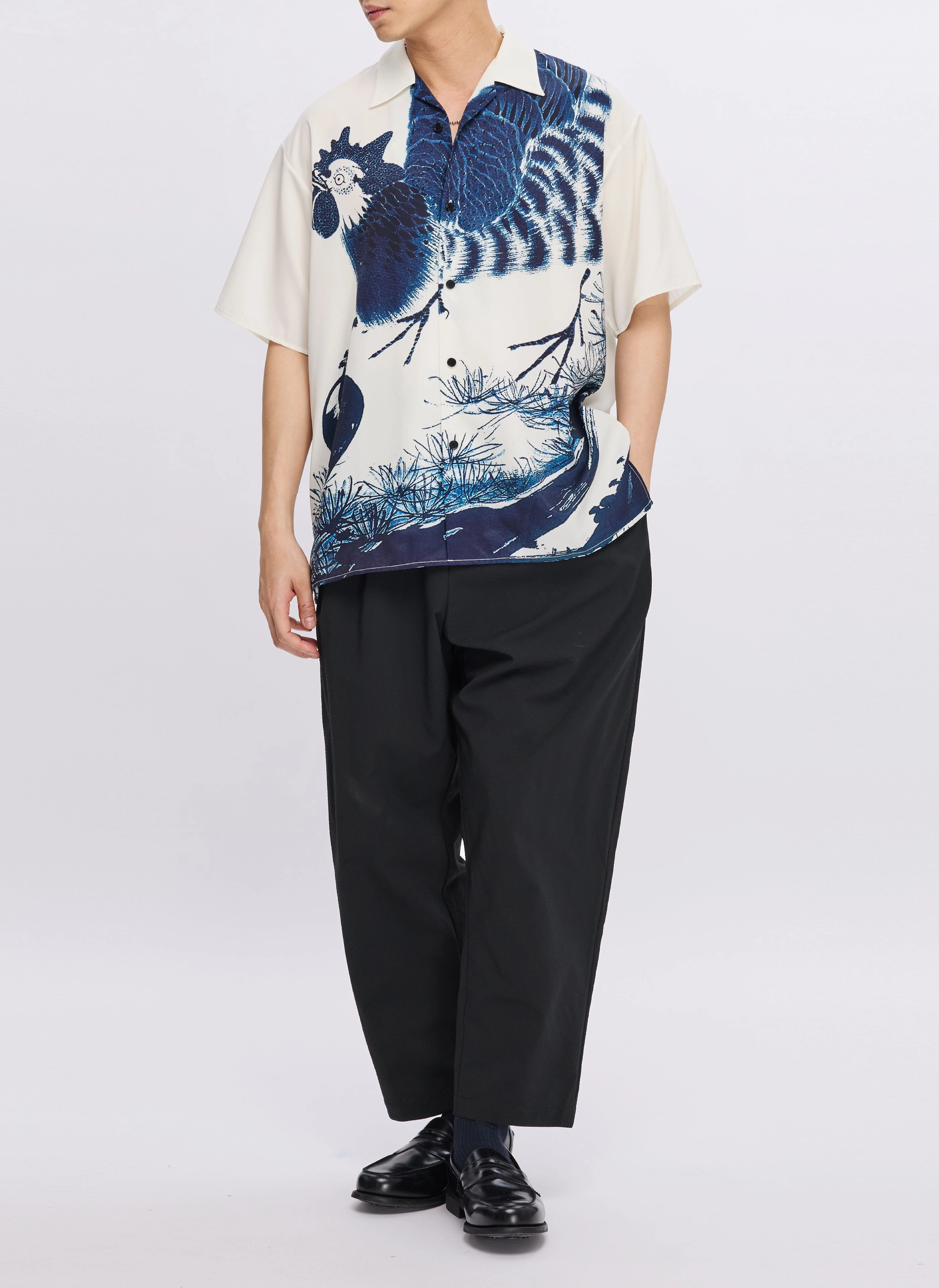 Polyester Indigo Oriental Short Sleeves Open Collar Shirt