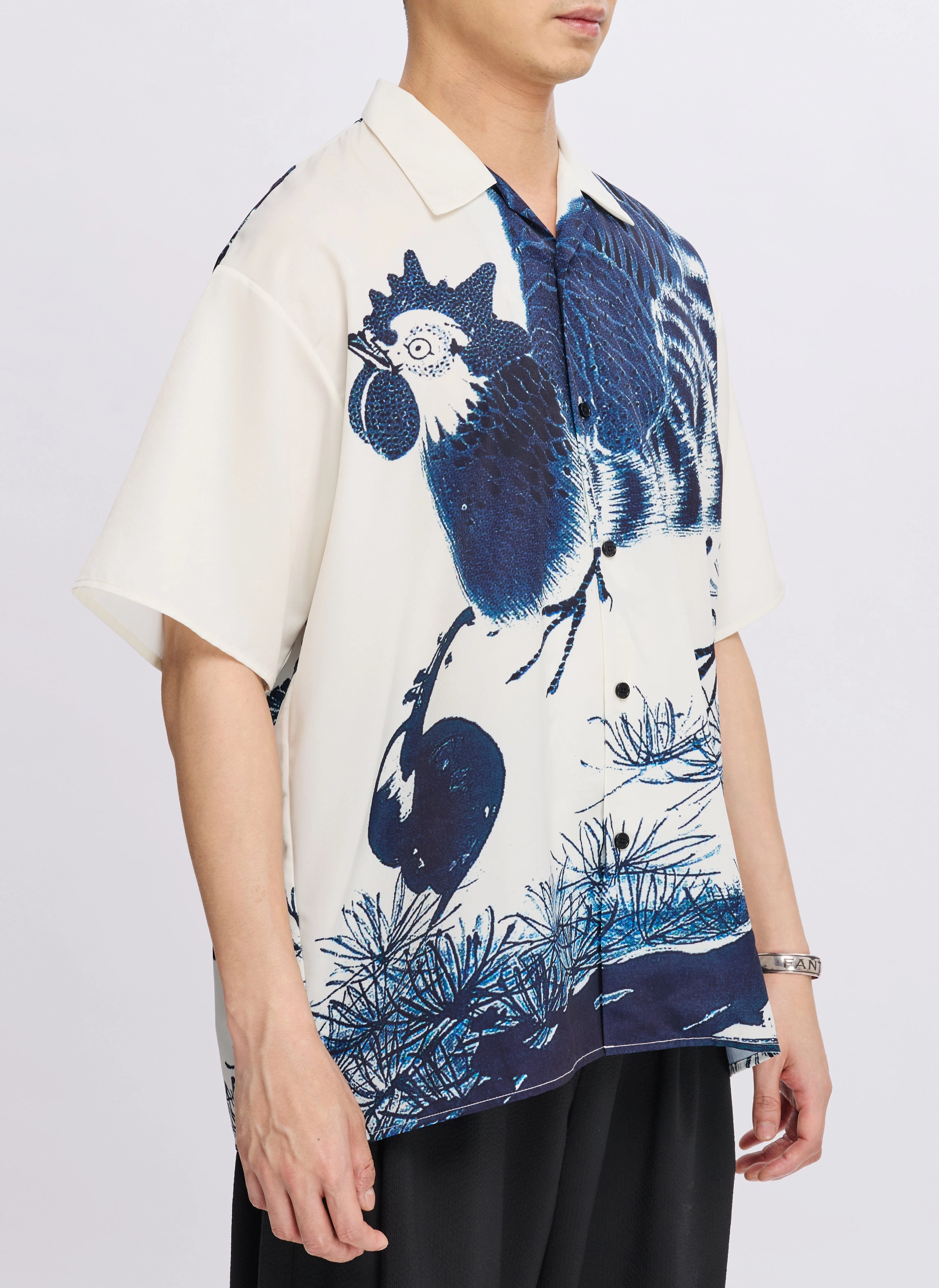 Polyester Indigo Oriental Short Sleeves Open Collar Shirt