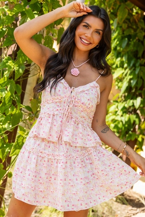What It Takes Pink Multi Floral Ruffle Tank and Skirt Set