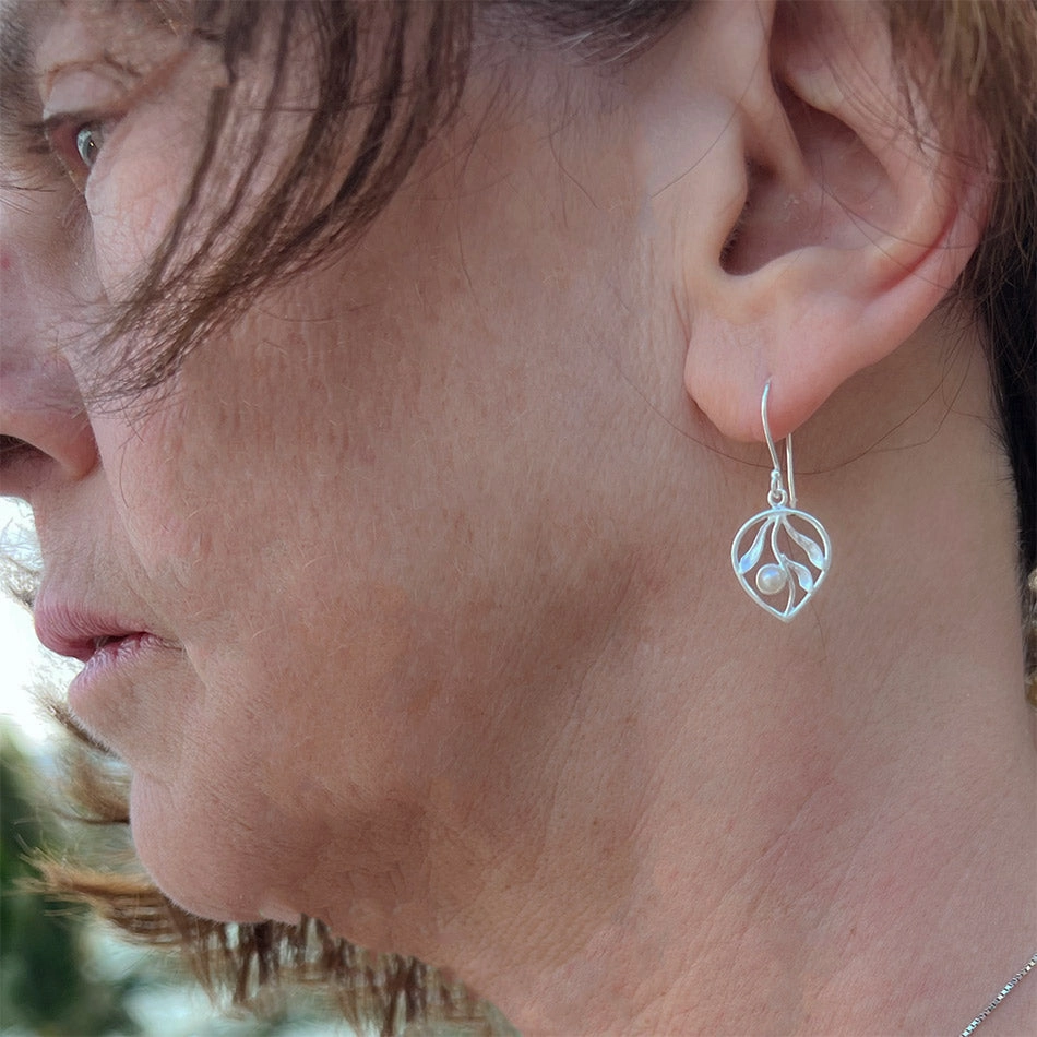 Whispering Leaf Earrings, Pearl - Sterling Silver, Indonesia