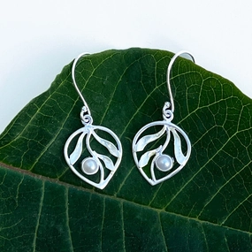 Whispering Leaf Earrings, Pearl - Sterling Silver, Indonesia