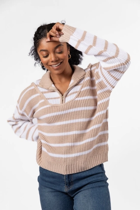 Worth Melting For Beige Striped Color Block Quarter Zip Pullover Sweater FINAL SALE