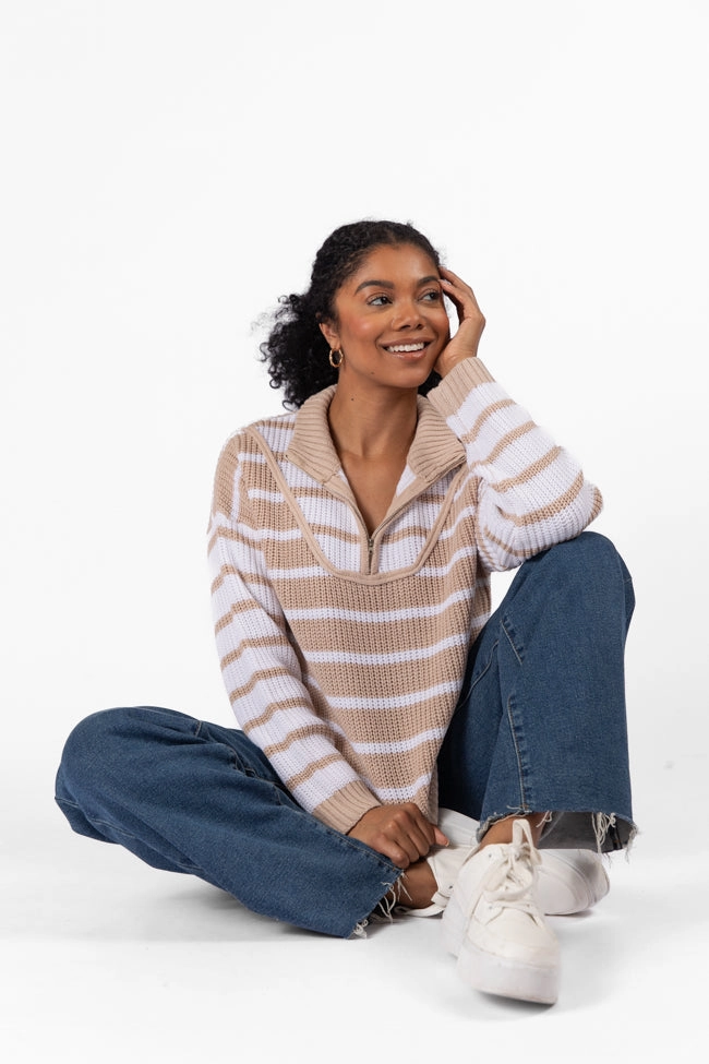 Worth Melting For Beige Striped Color Block Quarter Zip Pullover Sweater FINAL SALE