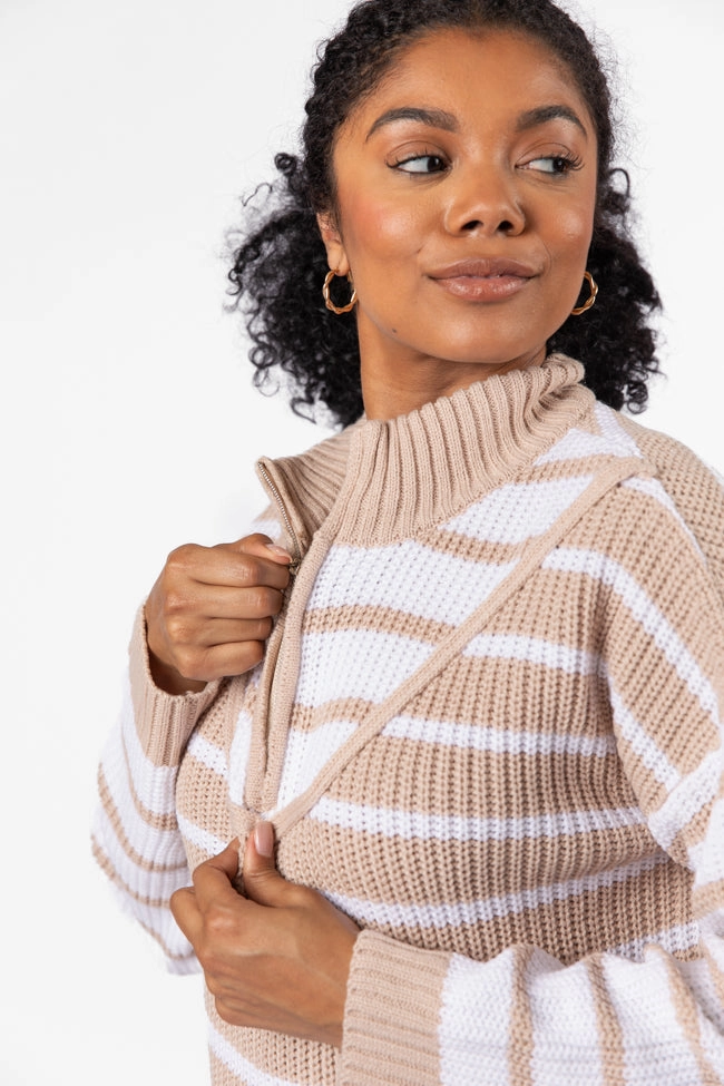 Worth Melting For Beige Striped Color Block Quarter Zip Pullover Sweater FINAL SALE