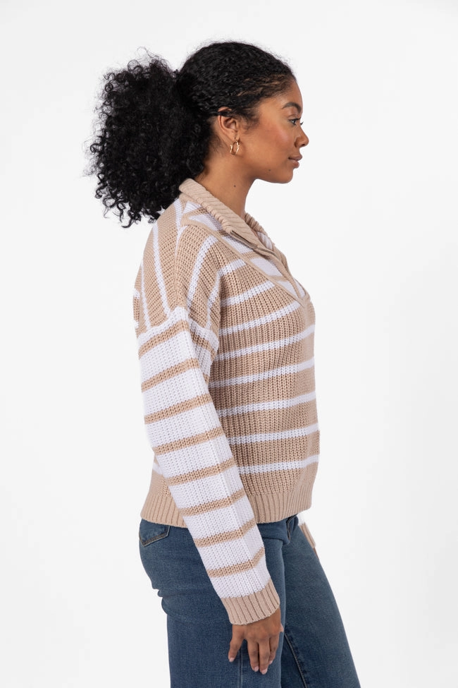 Worth Melting For Beige Striped Color Block Quarter Zip Pullover Sweater FINAL SALE